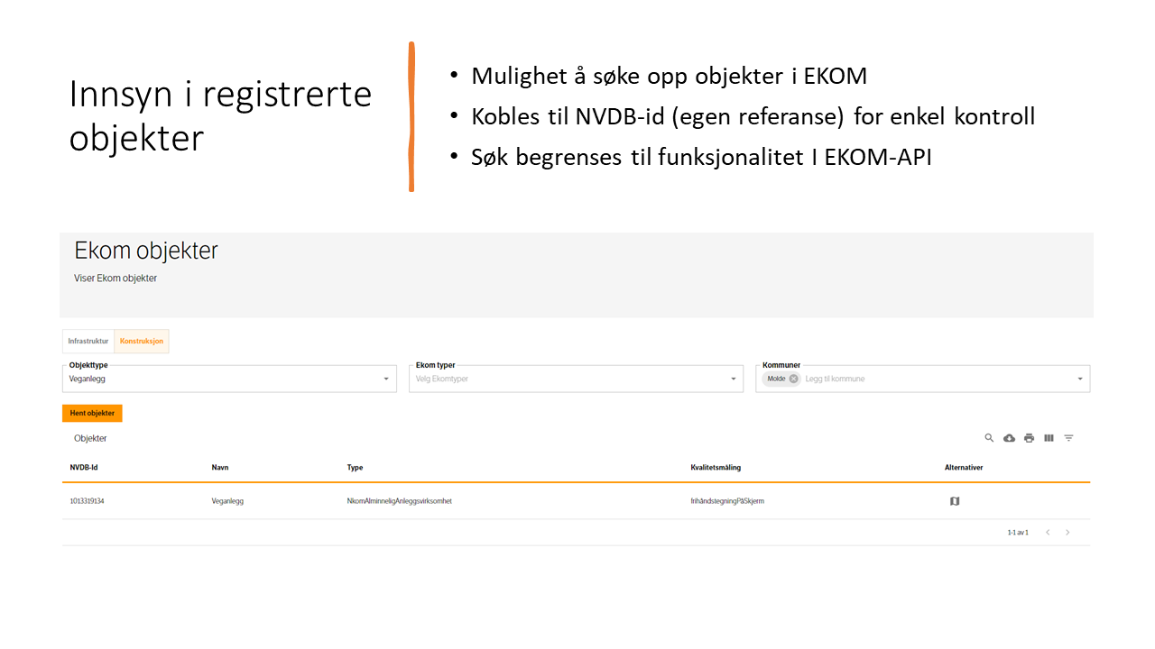 Det er mulighet for å få innsyn i registrerte objekter i EKOM som kobles opp mot NVDB-id