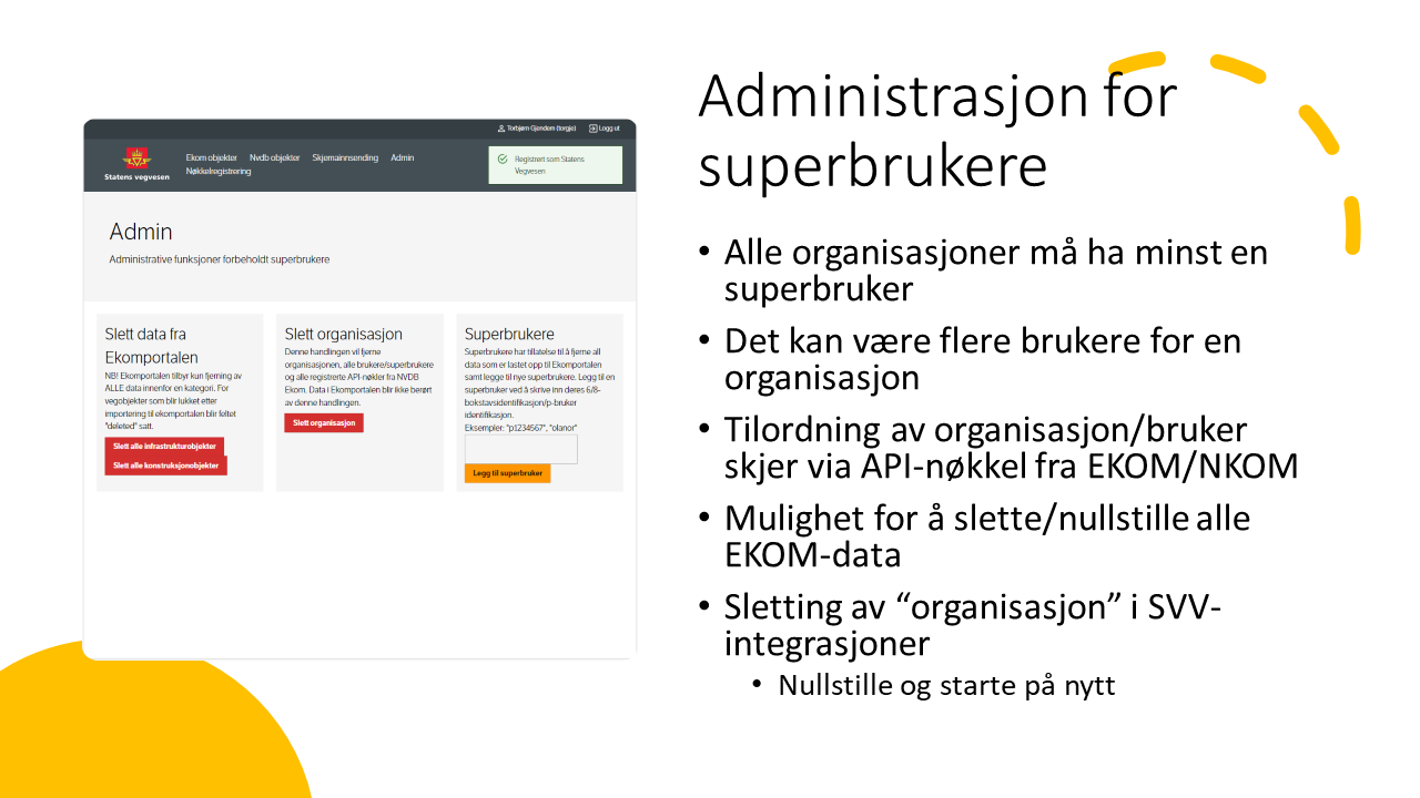 Hver organisasjon må ha minst en superbruker som kan bruke adminpanelet til å fjerne objekter i Ekomportalen